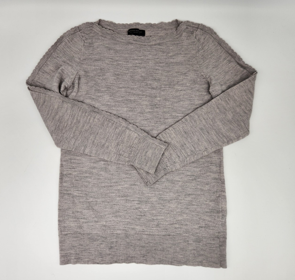 Banana Republic L Women Gray 100% Merino Knit Wool Crewneck Ribbed Trim Sweater